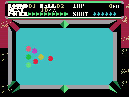 Champion Billiards running on the Sega SG-1000 / SC-3000 — in-game screenshot, 256×192, grabbed from the emulator