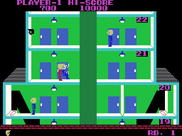 Elevator Action running on the Sega SG-1000 / SC-3000 — in-game screenshot, 256×192, grabbed from the emulator