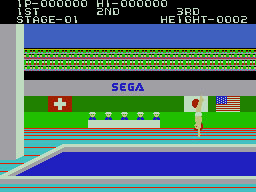 Hyper Sports running on the Sega SG-1000 / SC-3000 — in-game screenshot, 256×192, grabbed from the emulator