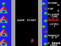 Monaco GP running on the Sega SG-1000 / SC-3000 — in-game screenshot, 256×192, grabbed from the emulator