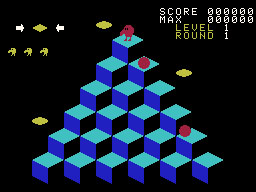 Q*bert running on the Sega SG-1000 / SC-3000 — in-game screenshot, 256×192, grabbed from the emulator