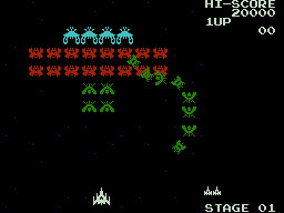 Sega Galaga running on the Sega SG-1000 / SC-3000 — in-game screenshot, 256×192, grabbed from the emulator