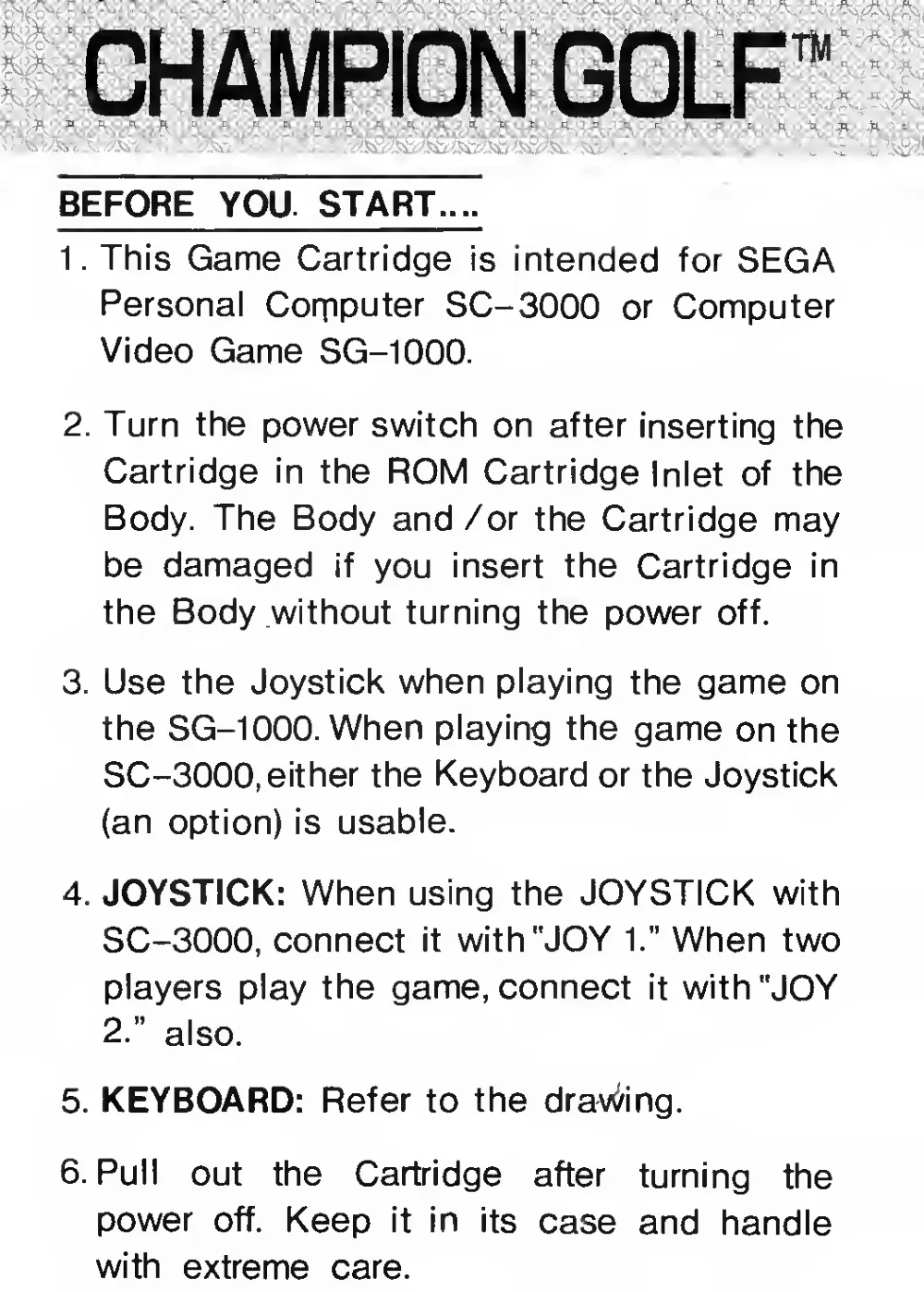Champion Golf (1983) — page 2 of 6, scanned from the printed manual