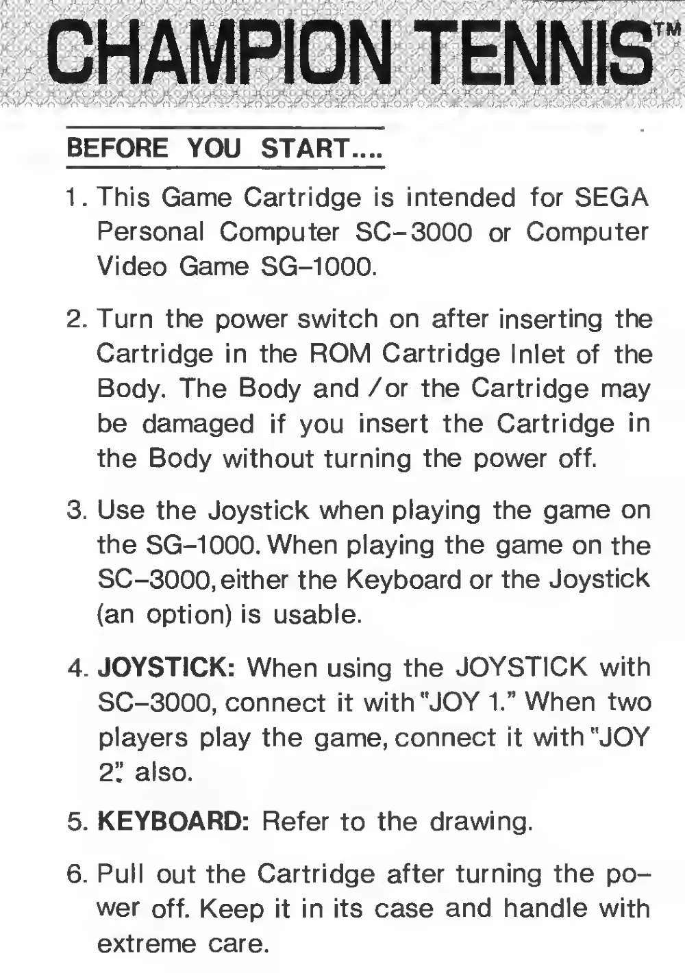 Champion Tennis (1983) — page 2 of 6, scanned from the printed manual