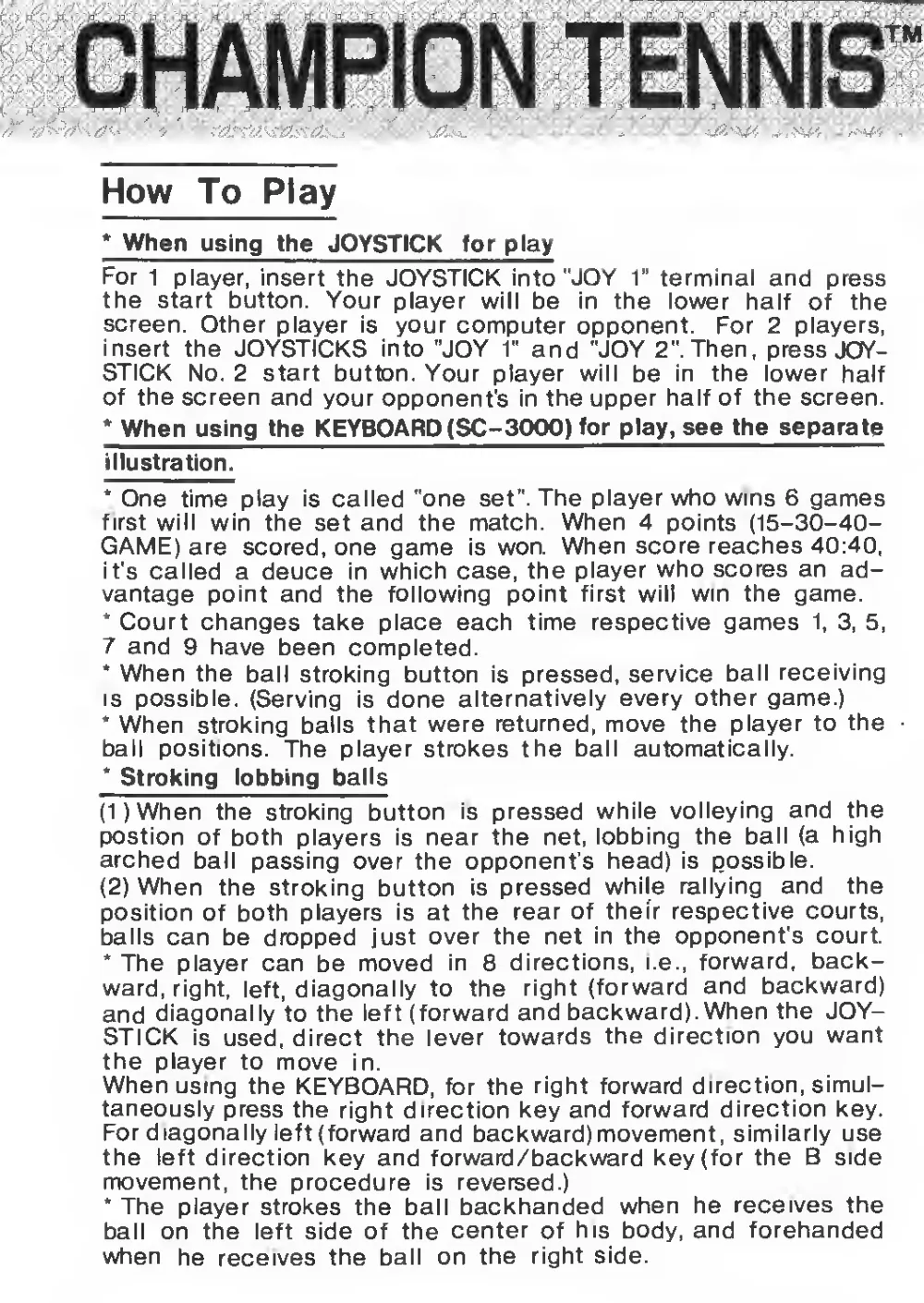 Champion Tennis (1983) — page 4 of 6, scanned from the printed manual