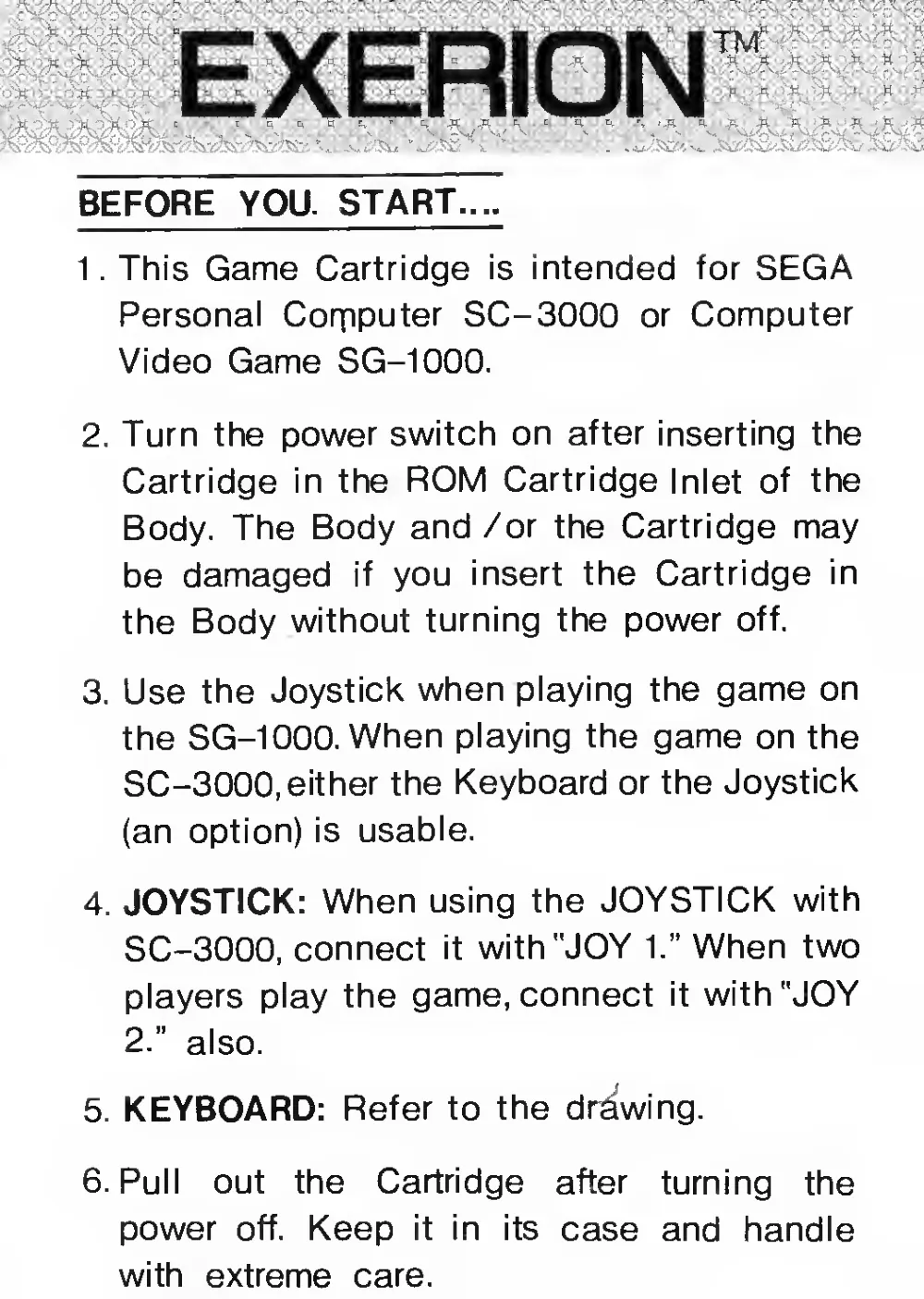 Exerion (1983) — page 2 of 6, scanned from the printed manual