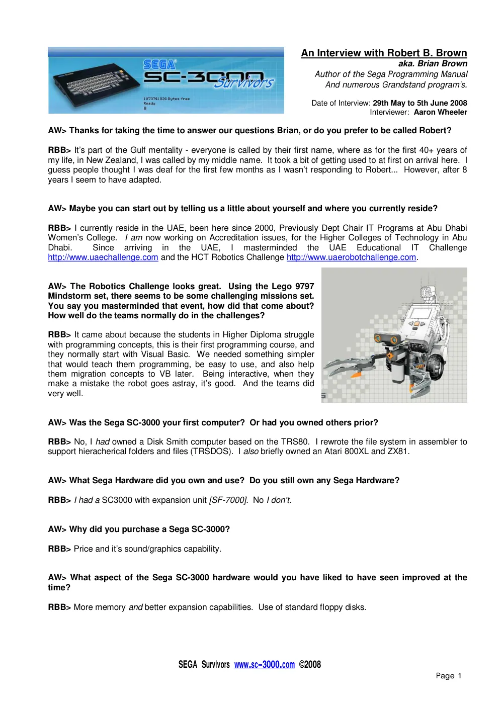 Interview with Brian Brown — page 1 of 5, scanned from the printed manual