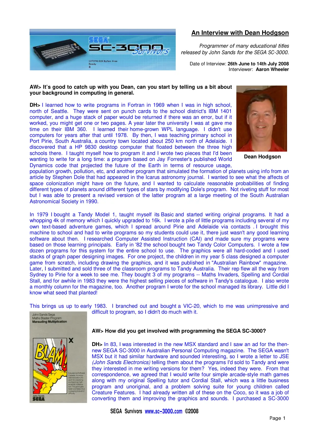 Interview with Dean Hodgson — page 1 of 5, scanned from the printed manual