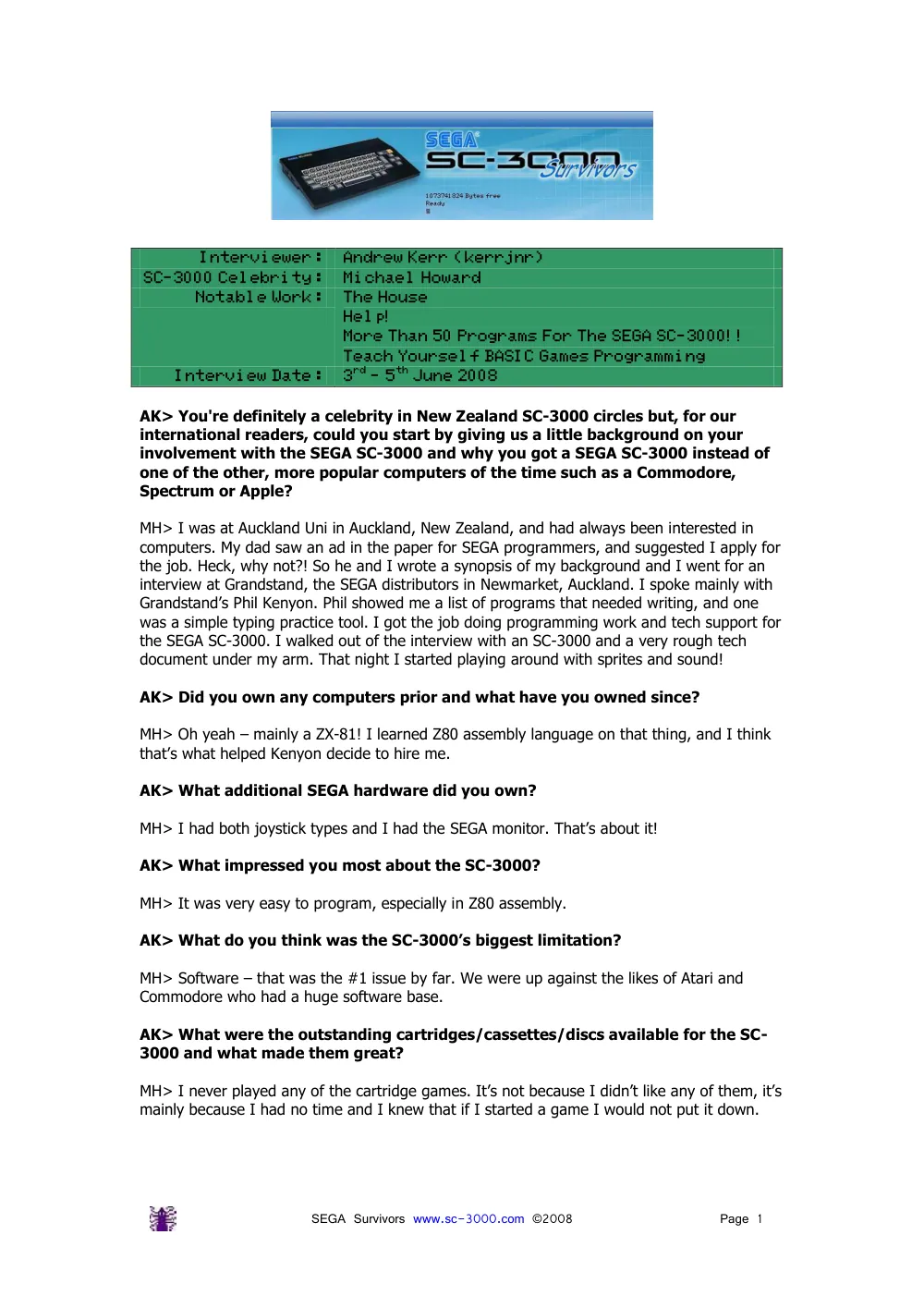 Interview with Michael Howard — page 1 of 4, scanned from the printed manual