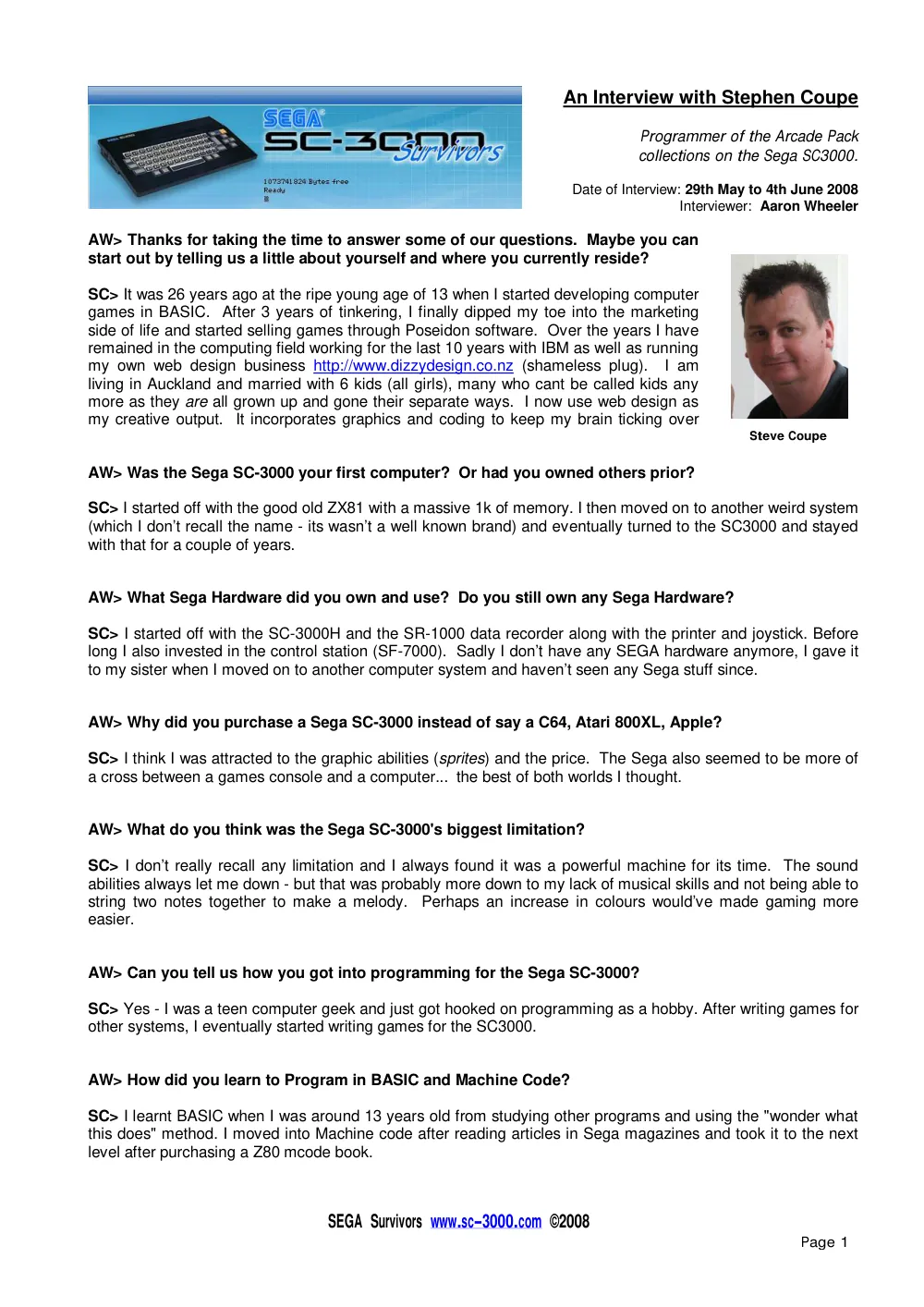 Interview with Stephen Coupe — page 1 of 6, scanned from the printed manual