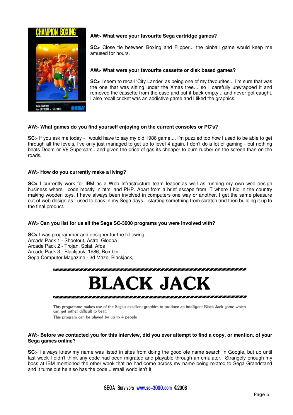Interview with Stephen Coupe — page 5 of 6, scanned from the printed manual