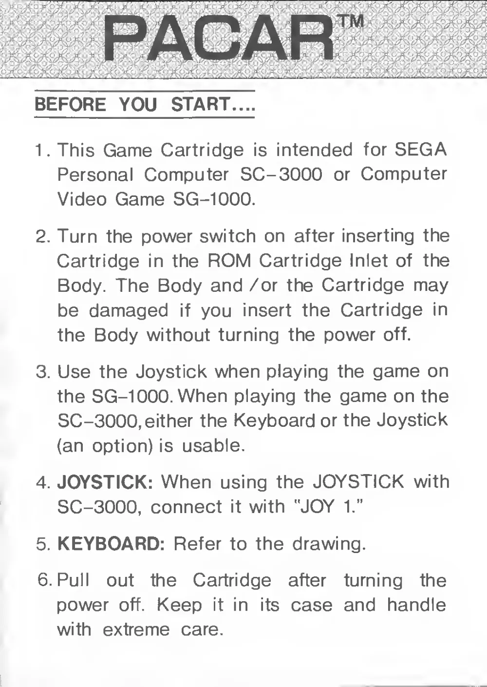 Pacar (1984) — page 2 of 6, scanned from the printed manual