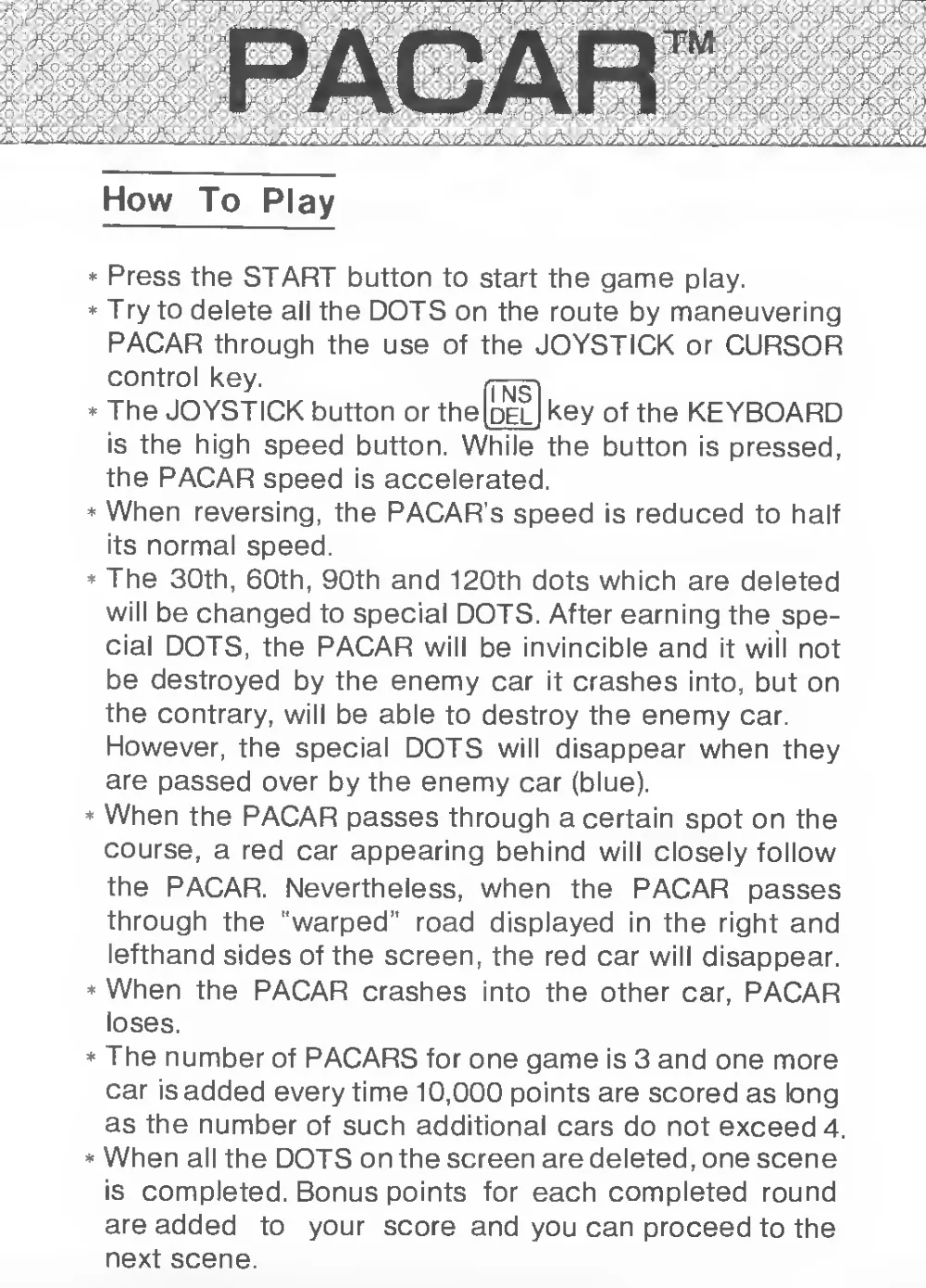 Pacar (1984) — page 4 of 6, scanned from the printed manual