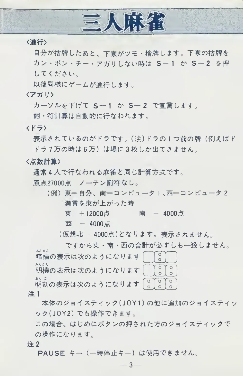 Sannin Mahjong (1984) — page 4 of 6, scanned from the printed manual