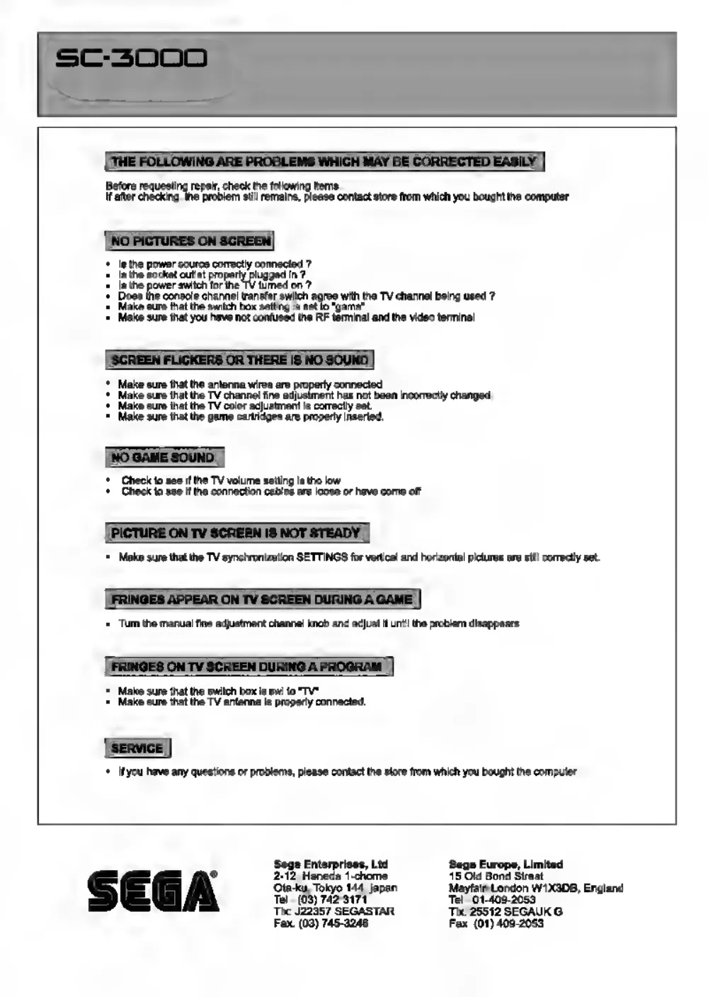 SC-3000 Users Manual (1983) — page 4 of 4, scanned from the printed manual