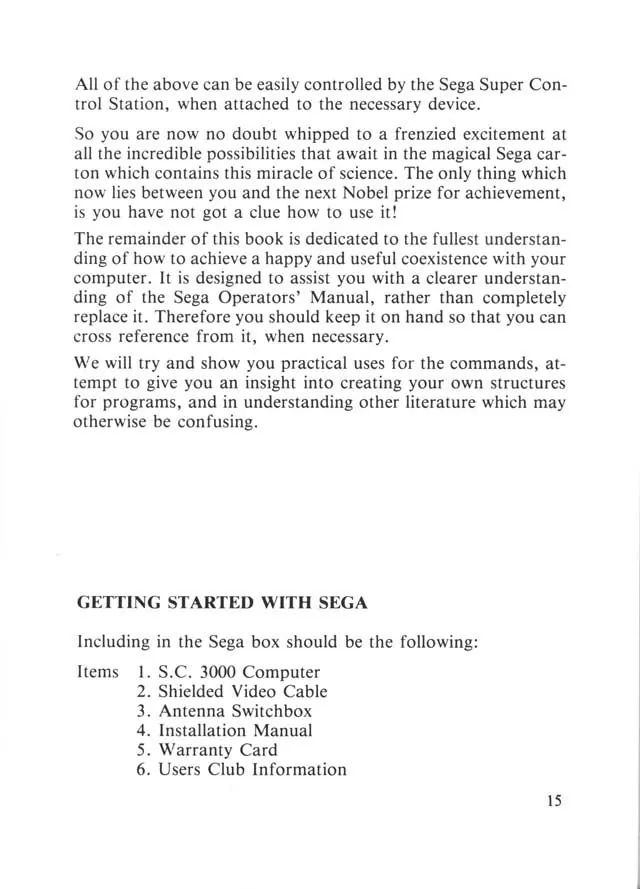 SEGA beginners-guide — page 15 of 72, scanned from the printed manual