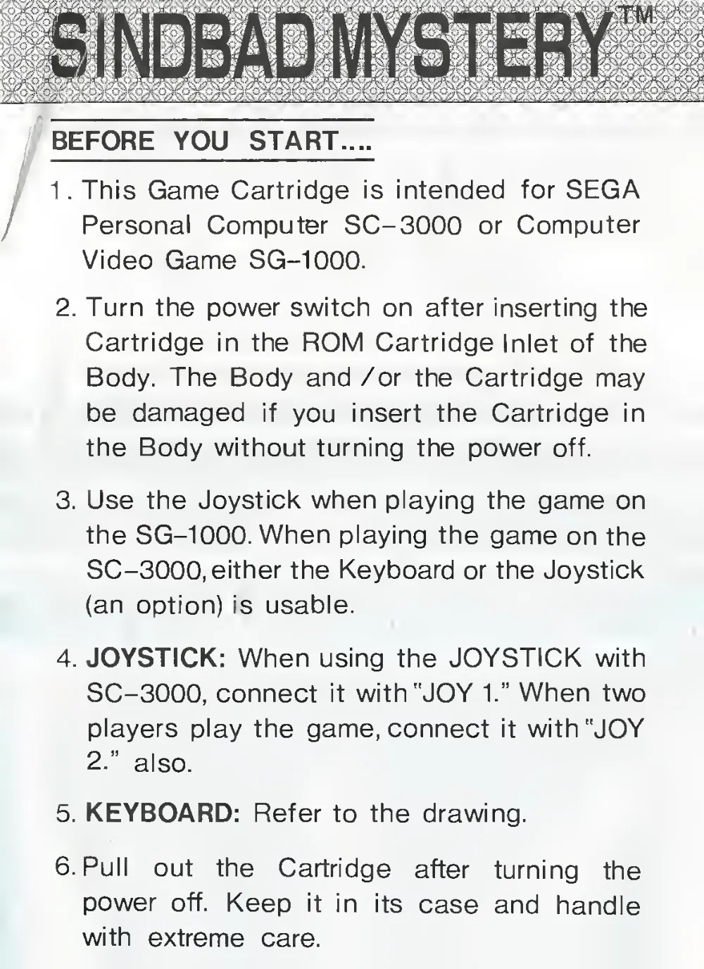 Sindbad Mystery (1983) — page 2 of 6, scanned from the printed manual