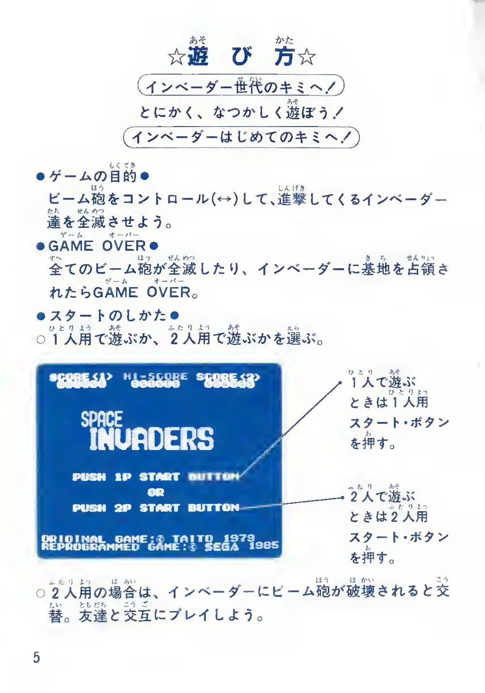 Space Invaders (1985) — page 6 of 12, scanned from the printed manual