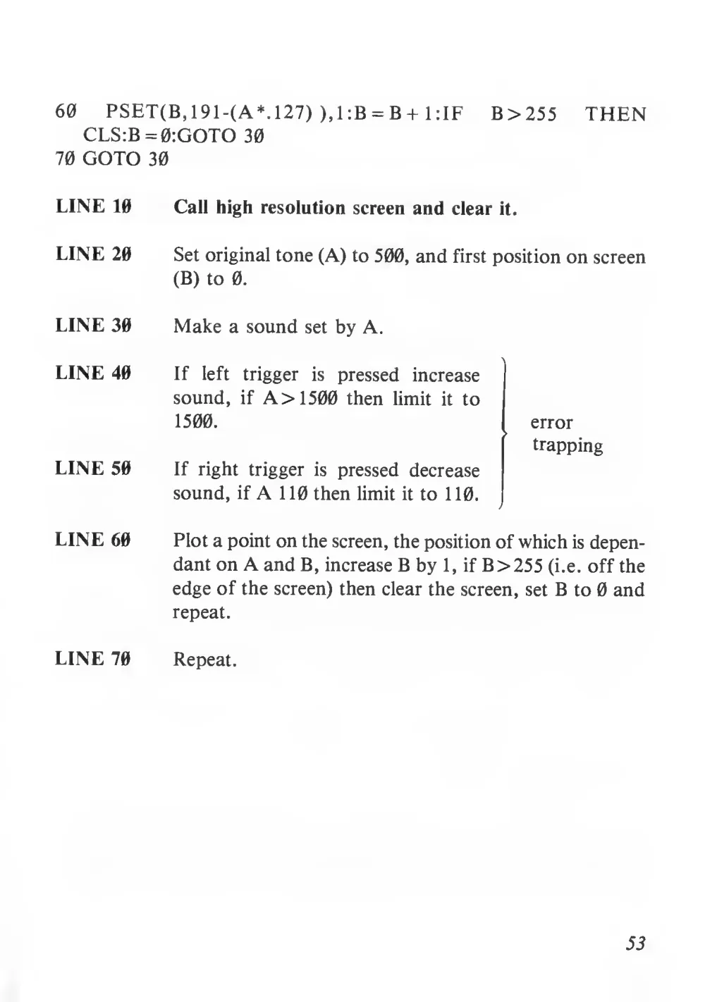 Teach Yourself Basic Games Programming (1984) — page 54 of 71, scanned from the printed manual