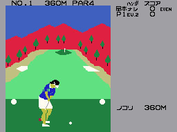 Okamoto Ayako no Match Play Golf running on the Sega SG-1000 / SC-3000 — in-game screenshot, 256×192, grabbed from the emulator
