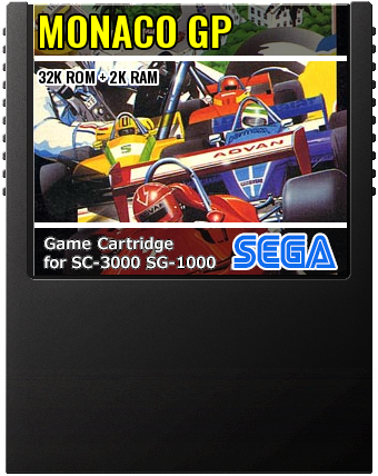 Monaco GP (Sega · 1983) — cover artwork of the cartridge for the Sega SG-1000 / SC-3000, 32K ROM