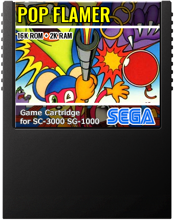 Pop Flamer (Jaleco, Sega · 1983) — cover artwork of the cartridge for the Sega SG-1000 / SC-3000, 16K ROM