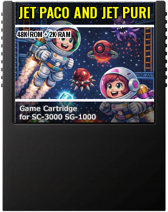 Jet Paco And Jet Puri (Mojon-Twins) — cover artwork of the cartridge for the Sega SG-1000 / SC-3000, 48K ROM