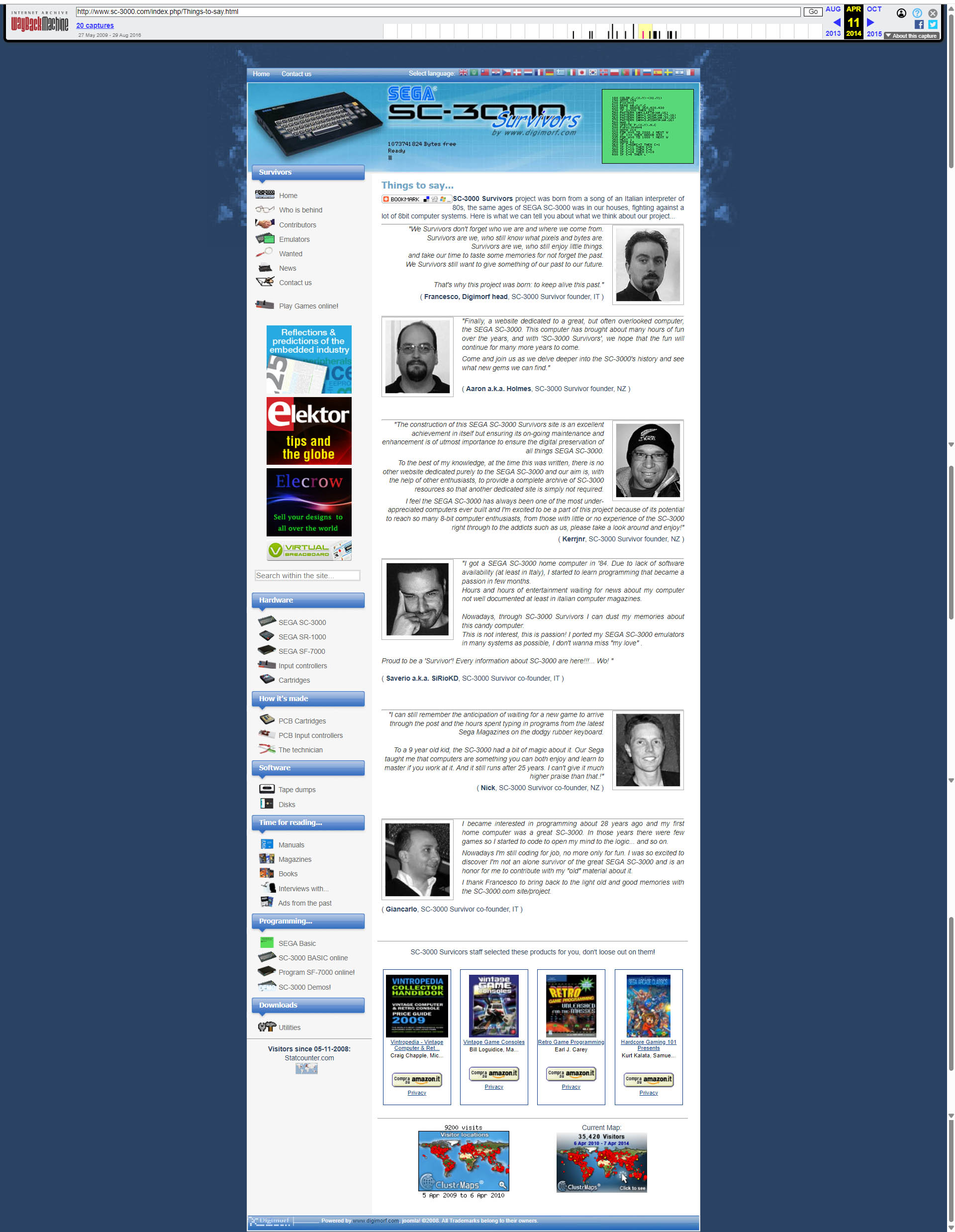 sc-3000.com in 2014 — the Things to say page, with the six
founders of SC-3000 Survivors and what each of them wrote